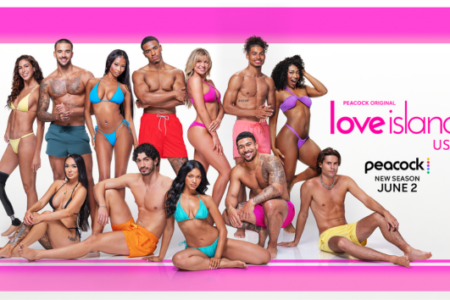 Cast of Love Island USA season 8 posing in swimwear, with the show's logo and June 2 premiere date.