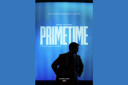 Movie poster for 'Primetime' featuring Robert Pattinson's silhouette against a blue screen with the title.