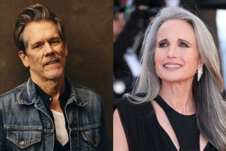 Headshots of Kevin Bacon in a denim jacket and Andie MacDowell with long gray hair, both smiling.