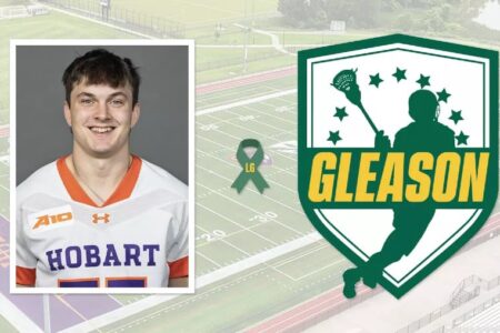 Headshot of Hobart's Hamilton next to the green and gold Gleason Humanitarian Award logo on a sports field background.