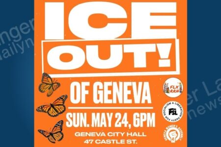 Flyer for 'ICE Out! of Geneva' protest at Geneva City Hall on May 24, featuring monarch butterflies and activist logos.
