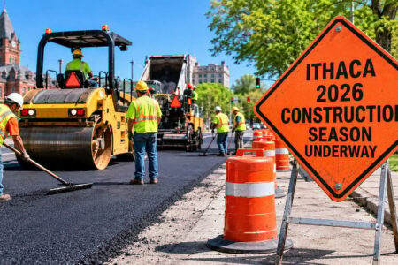 Workers pave a road in Ithaca, NY, with a sign indicating 'Ithaca 2026 Construction Season Underway'.