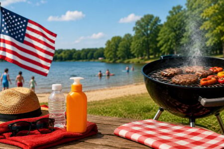 A vibrant Memorial Day picnic by a lake with a grill, US flag, sunscreen, and people swimming.