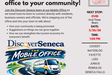 Discover Seneca Mobile Office flyer showing a van and details for community meetings, including Ovid.