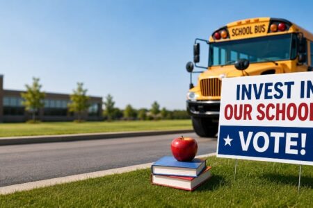 A school bus and building with a sign reading 'Invest in Our Schools, Vote!' next to books and an apple.