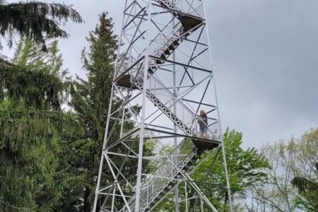 The Sugar Hill Fire Tower, a tall metal structure with winding stairs, stands among green trees under an overcast sky.
