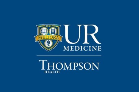 UR Medicine Thompson Health logo on a blue background, featuring a shield with 'MELIORA' and medical symbols.