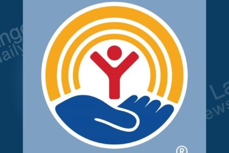 The United Way logo, featuring a red person icon, a blue hand, and orange arcs on a light blue background.
