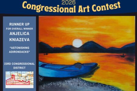 Poster for the 2026 Congressional Art Contest, showing Anjelica Kniazeva's 'Astonishing Adirondacks' artwork of a sunset lake scene.