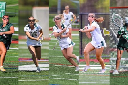 Five William Smith women's lacrosse players in action on the field, celebrating their All-Empire Region honors.