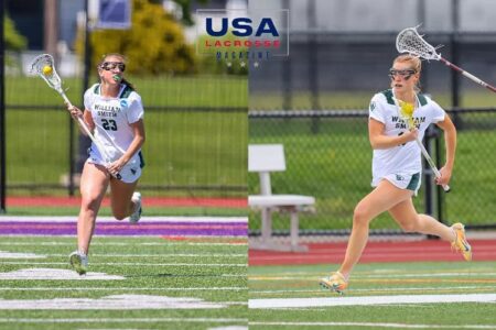 Two William Smith lacrosse players, recognized as All-Americans, run on a field with their sticks.