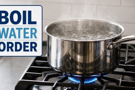 A pot of boiling water on a gas stove next to a sign reading 'BOIL WATER ORDER'.