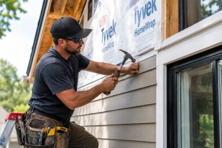 A construction worker on a ladder hammers siding onto a house, representing the construction industry and labor.