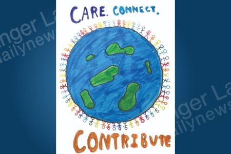 Child's drawing of Earth surrounded by diverse stick figures, with text 'CARE. CONNECT. CONTRIBUTE.'