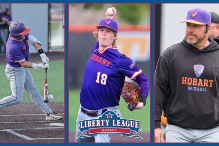 Three panels show Hobart baseball players batting, pitching, and a coach, all recognized for Liberty League honors.