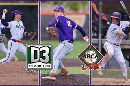 Collage of three Hobart Statesmen baseball players: a pitcher, a fielder throwing, and a batter, with D3Baseball and ABCA logos.