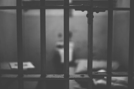 Close-up of dark jail cell bars with a blurred view of a cell interior in the background, in grayscale.