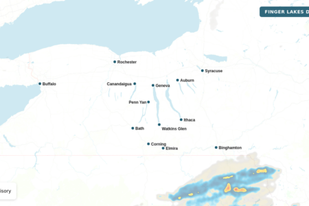 Map of upstate New York showing a frost advisory for Steuben, Schuyler, and Tompkins counties.