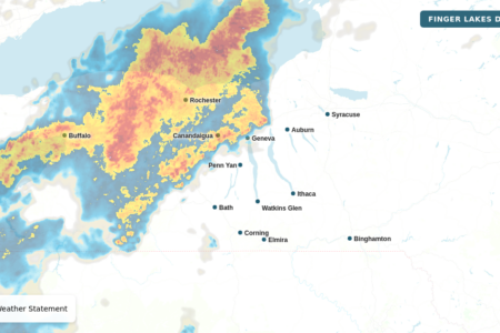 Weather radar map showing a special weather statement across the Finger Lakes region of New York, with precipitation.