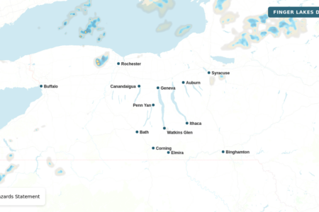 Map showing a Beach Hazards Statement in Northern Cayuga, New York, near Syracuse and Rochester.