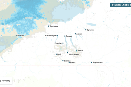 Map of upstate New York with cities, Finger Lakes, and a legend for Dense Fog Advisory, but no active advisories shown.