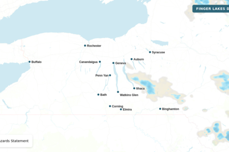 Map of upstate New York showing weather alerts, including a Beach Hazards Statement for the Finger Lakes region.