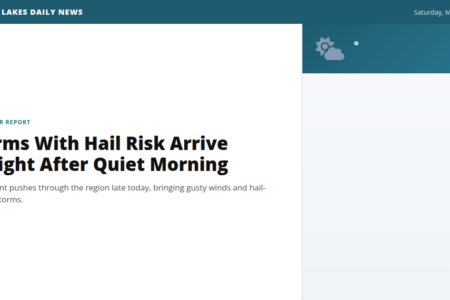 Screenshot of Finger Lakes Daily News weather report: 'Storms With Hail Risk Arrive Tonight After Quiet Morning'.