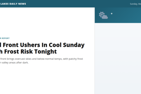 Screenshot of Finger Lakes Daily News weather report: 'Cold Front Ushers In Cool Sunday With Frost Risk Tonight'.
