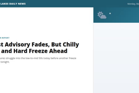 Screenshot of Finger Lakes Daily News weather report: 'Frost Advisory Fades, But Chilly Day and Hard Freeze Ahead'.