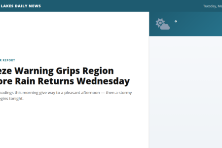 Screenshot of Finger Lakes Daily News article about a freeze warning before rain returns Wednesday.