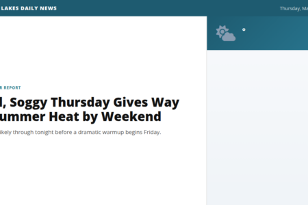 Screenshot of Finger Lakes Daily News weather report: 'Cool, Soggy Thursday Gives Way to Summer Heat by Weekend'.