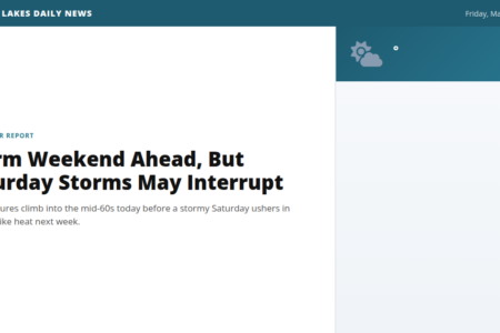 Screenshot of Finger Lakes Daily News weather report: 'Warm Weekend Ahead, But Saturday Storms May Interrupt'.