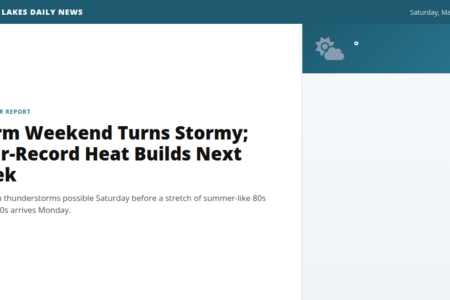 Screenshot of Finger Lakes Daily News website showing a weather report about a stormy weekend and upcoming heatwave.