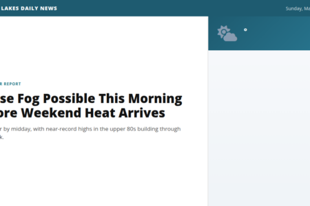 Finger Lakes Daily News weather report for May 17, 2026, titled 'Dense Fog Possible This Morning Before Weekend Heat Arrives'.