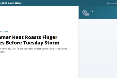 Screenshot of Finger Lakes Daily News weather report: 'Summer Heat Roasts Finger Lakes Before Tuesday Storm'.