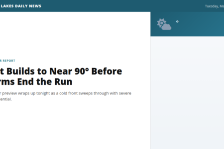 Screenshot of Finger Lakes Daily News article: 'Heat Builds to Near 90° Before Storms End the Run'.