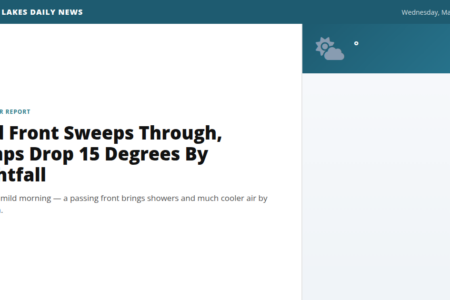 Screenshot of Finger Lakes Daily News weather report: 'Cold Front Sweeps Through, Temps Drop 15 Degrees By Nightfall'.