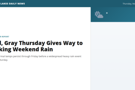 A screenshot of the Finger Lakes Daily News website showing a weather report titled 'Cool, Gray Thursday Gives Way to Soaking Weekend Rain'.