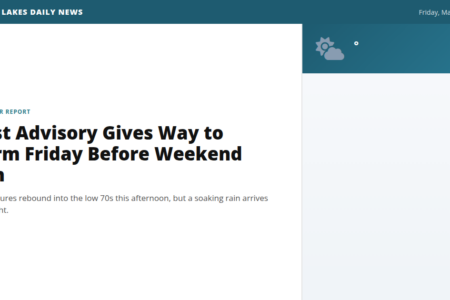 Screenshot of Finger Lakes Daily News weather report: 'Frost Advisory Gives Way to Warm Friday Before Weekend Rain'.