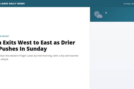 Screenshot of Finger Lakes Daily News weather report: 'Rain Exits West to East as Drier Air Pushes In Sunday'.