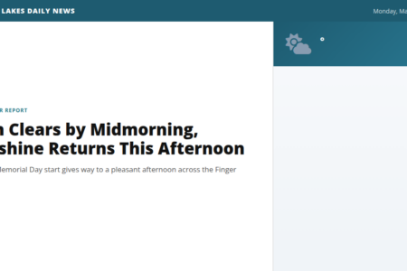 Screenshot of Finger Lakes Daily News weather report titled 'Rain Clears by Midmorning, Sunshine Returns This Afternoon'.