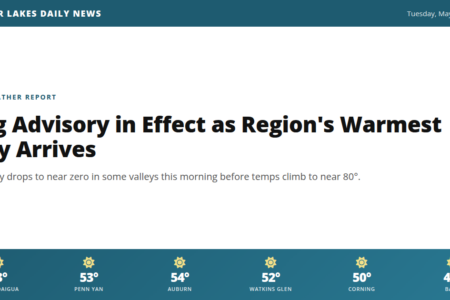 News article about a fog advisory and rising temperatures in the Finger Lakes region, with current town temperatures.