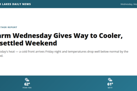 Finger Lakes Daily News weather report for May 27, 2026, forecasting a cooler, unsettled weekend.