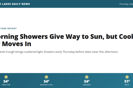 Screenshot of Finger Lakes Daily News weather report for May 28, 2026, showing a forecast of morning showers clearing to sun.