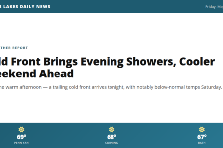 Finger Lakes Daily News weather report for May 29, 2026, detailing a cold front, evening showers, and cooler weekend temperatures.