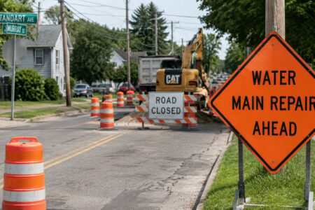 An orange sign warns 'WATER MAIN REPAIR AHEAD' on a street in Auburn with construction equipment and road closed barriers.