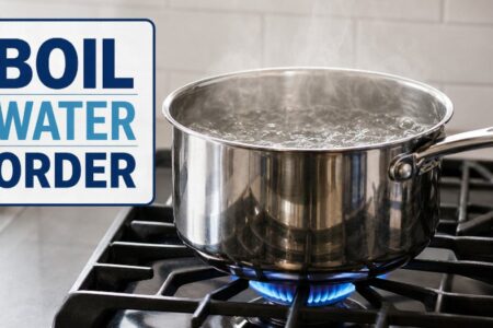 A pot of boiling water on a gas stove next to a sign reading 'Boil Water Order'.