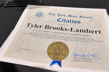 New York State Senate Citation awarded to Tyler Brooks-Lambert for his child advocacy work in the Finger Lakes Region.