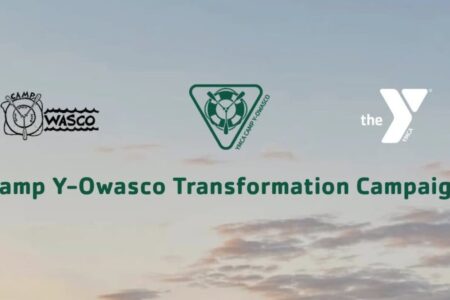 Logos for Camp Y-Owasco and YMCA with text 'Camp Y-Owasco Transformation Campaign' against a sky background.