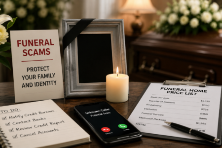 A 'Funeral Scams' sign, a potential scam call on a phone, and a checklist for identity protection in a funeral setting.
